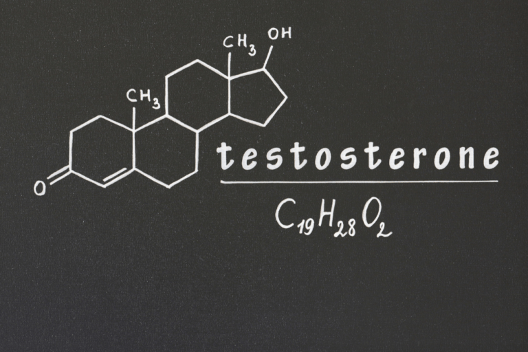 Structural diagram of the testosterone molecule, a key male sex hormone. It consists of 19 carbon atoms, 28 hydrogen atoms, and 2 oxygen atoms arranged in a specific configuration.