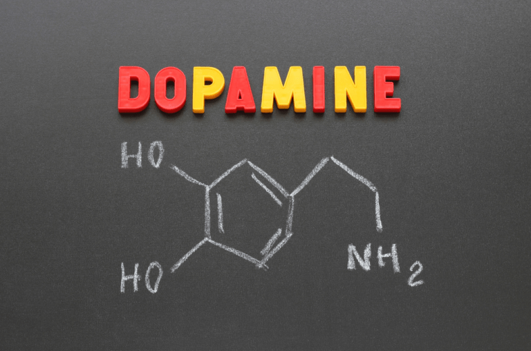 Diagram of dopamine molecule structure: Catechol group with two hydroxyl groups and an amine group, connected by a side chain.