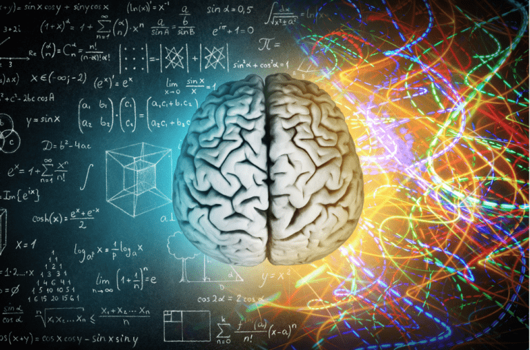 An overhead view of a brain with intricate calculations and electro charges, illustrating the complexity of neural activity and cognitive processes.