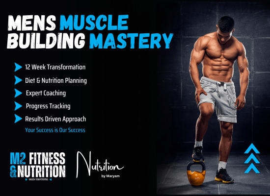 Man with lean muscular physique promoting a transformational 12 week program as an online fitness coach.