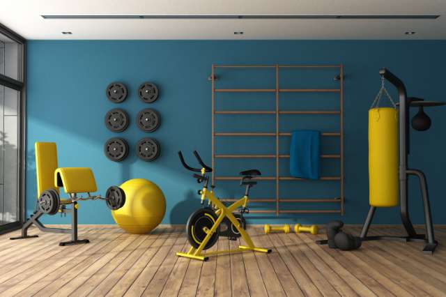 An array of fitness equipment including an indoor cycle, punch bag, gym ball, gym mat, and more, creating a comprehensive exercise environment for various workout routines and fitness goals.